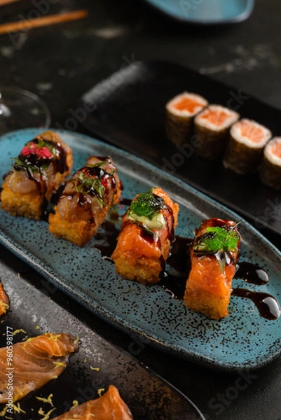 Obraz Sushi on Black Stone Table