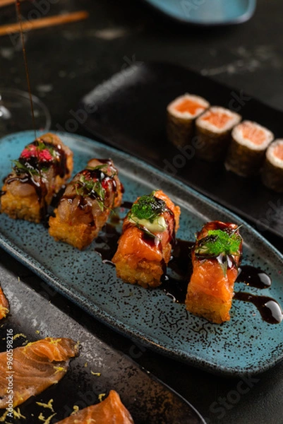 Obraz Sushi on Black Stone Table