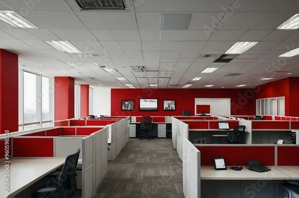 Fototapeta An empty red call center with rows of desks and chairs. Headsets and computer screens are neatly arranged, ready for the next work shift in the calm, organized workspace.