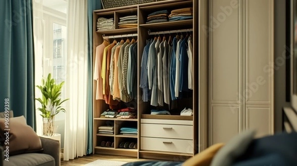 Fototapeta A small, efficient wardrobe in a studio apartment, with clothes organized by type and color, maximizing the limited space.