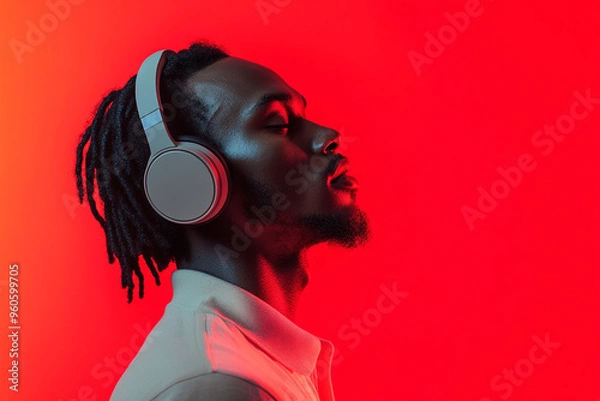 Obraz Modern Fashion Lifestyle Portrait of Men in Light Gray Headphones with Solid Neon Red Trendy Background