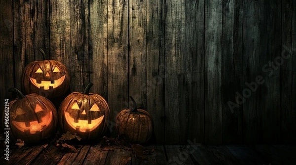 Fototapeta Glowing Jack-o'-Lanterns Resting Against a Rustic Wooden Wall