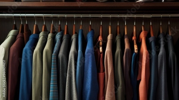 Obraz A wardrobe with a focus on professional attire, featuring suits, blouses, and dress shoes, all perfectly organized and ready to wear.
