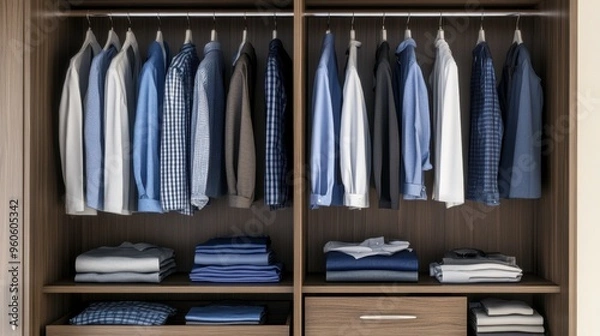 Fototapeta A wardrobe with a sliding door partially open, revealing a neatly organized collection of shirts, pants, and accessories.