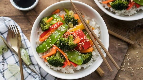 Fototapeta  A bowl of brown rice and vegetable stir-fry with broccoli, bell peppers, snap peas, and carrots, tossed in a soy-ginger sauce and sprinkled with sesame seeds.