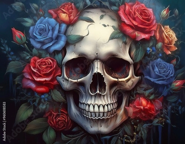 Fototapeta A detailed skull surrounded by vibrant roses in a colorful and artistic composition showcasing the interplay of life and death