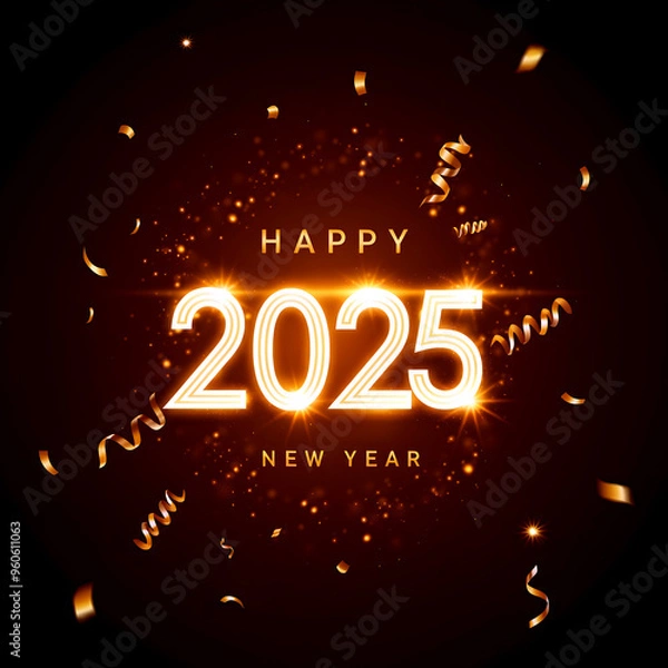 Obraz Happy new 2025 year postcard with confetti, poster with glowing numbers on black background, sparkling, magic, festive, greeting, invitation card. 