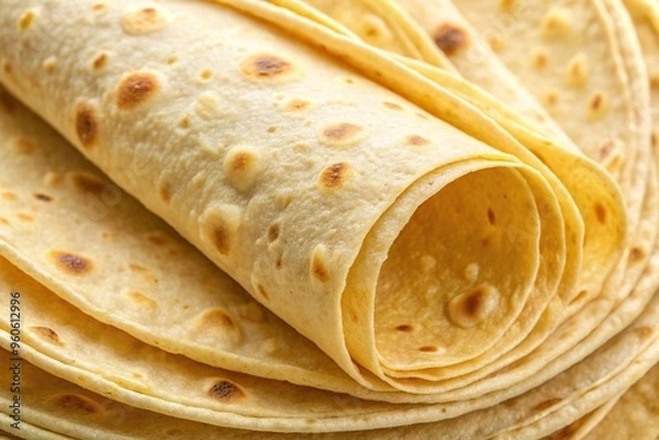 Fototapeta Plain tortilla wrap on white background from above Extreme Close Up, homemade, snack, folded, vegetarian, fresh, roll-up, food, traditional, meal, delicious, wrap, plate, flour
