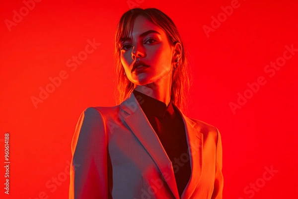 Obraz Modern Light Gray Suit with Solid Neon Red Stylish Womans Fashion Lifestyle Portrait Background