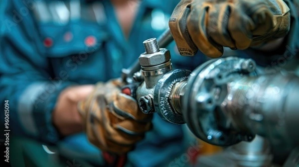 Fototapeta Close-up macro shot of a plumber working on a metal joint with tools in a workshop setting