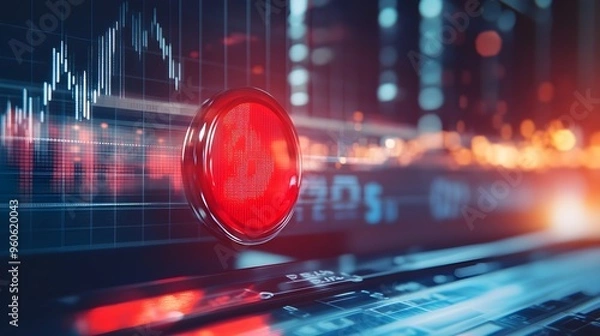 Fototapeta Red warning light on a financial dashboard, symbolizing imminent debt crisis