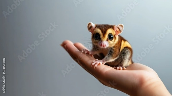 Fototapeta Cute sugar glider resting on a human hand against a plain background. Adorable and exotic pet in a close-up shot.