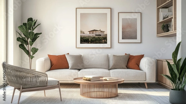 Fototapeta A realistic 3D image of a poster hanging on a living room wall. It shows a modern living room with a house in the background. The poster is the size of a standard A paper.