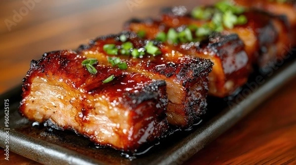 Fototapeta Succulent grilled pork belly slices topped with green onion, showcasing a rich glaze on a plate.