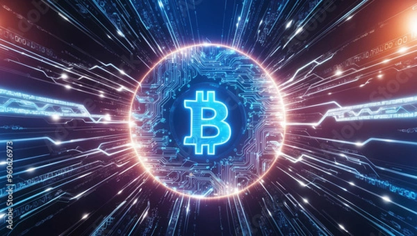 Fototapeta Digital Currency Revolution: Glowing Bitcoin Symbol in Futuristic Cyber Network