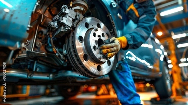 Obraz Automotive technician performing routine brake replacement on a vehicle for maintenance purposes