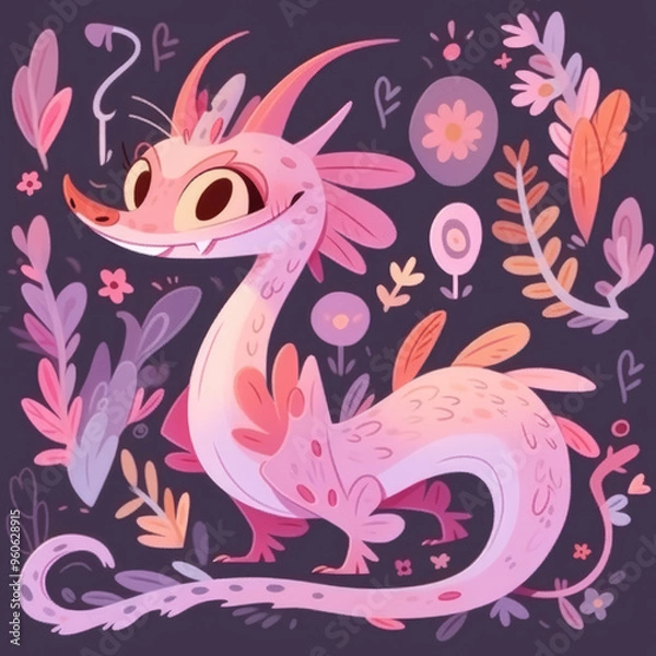 Fototapeta generated illustration of cute pink dragon against black background