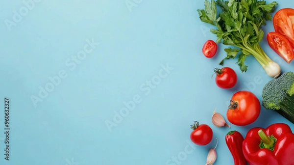 Fototapeta top view of a fresh variety of vegetables on a blue background