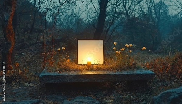 Fototapeta Glowing Candle in a Framed Window, Surrounded by Flowers and Stone in a Misty Forest