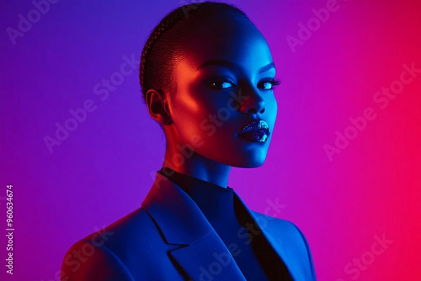 Obraz Fashionable Womans Charcoal Gray Suit with Solid Neon Blue Trendsetting Fashion Lifestyle Portrait Background