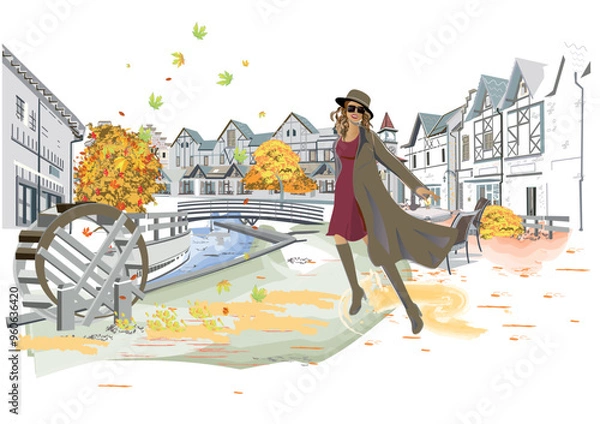 Obraz Series of colorful retro street views with fashion people in the old city. Hand drawn vector architectural background with historic buildings.