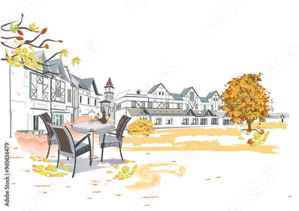 Obraz Series of colorful street views in the old city in autumn. Hand drawn vector architectural background with historic buildings.