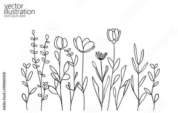 Obraz One line floral set element. Black and white monochrome continuous single line art. Floral nature Woman day gift romantic date illustration sketch outline drawing