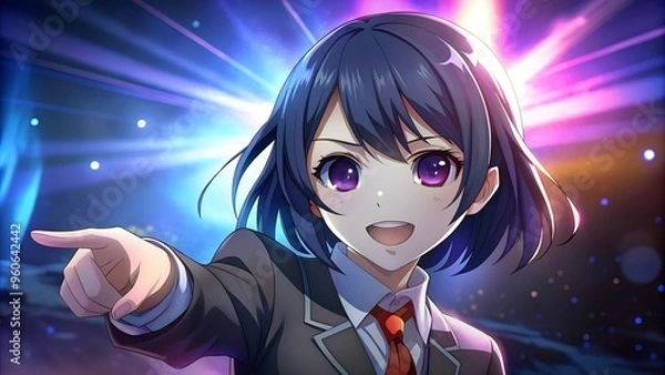 Fototapeta image of a female cartoon student pointing. smile face with sunglass. anime art.