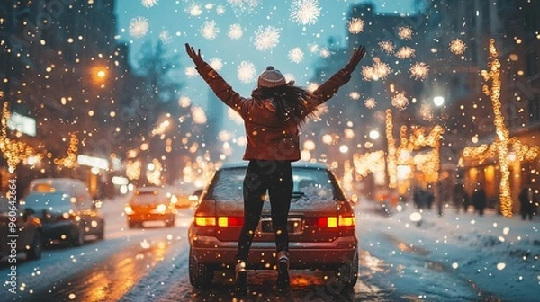 Fototapeta A woman jumping with joy next to her new car, which is covered in festive New Year’s lights, with city fireworks in the sky
