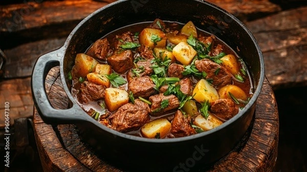 Obraz Authentic Indigenous Cuisine: Rustic Venison Stew with Root Vegetables, Presented in a Forest Environment