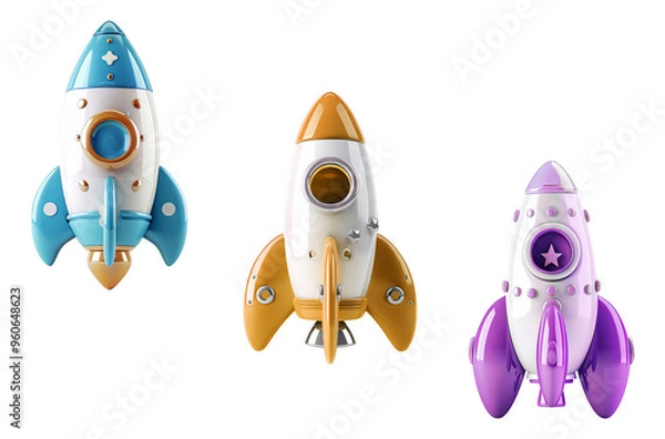Fototapeta a screen showing different colored rocket in space set with different colors.