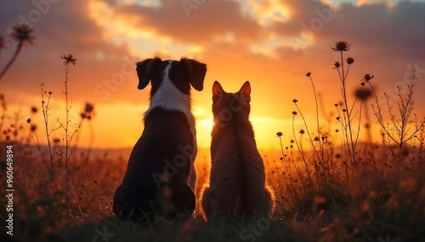 Obraz A dog and cat sitting together in a field, watching a beautiful and colorful sunset, symbolizing companionship, tranquility and the beauty of nature in harmony.