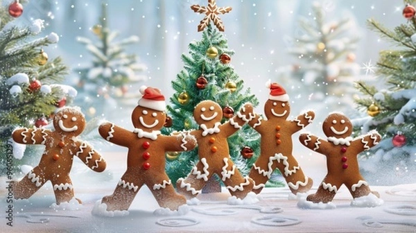 Obraz Festive Gingerbread Men Dancing in the Snow