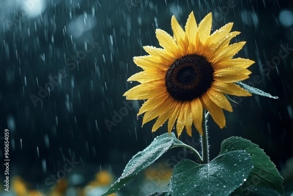 Fototapeta A tall sunflower standing strong in the rain, with droplets collecting on its petals