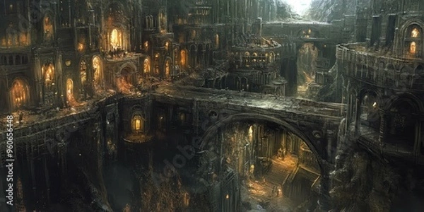 Fototapeta Dark, stone city with glowing windows and bridge.