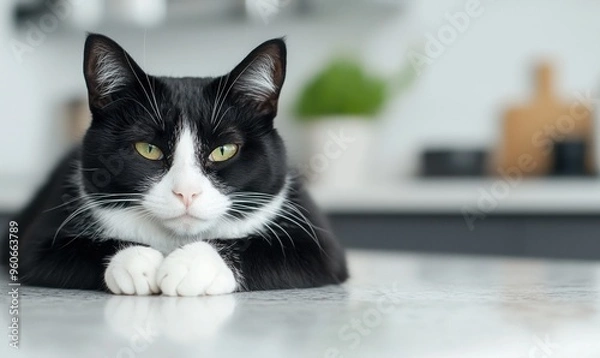Fototapeta Black and white tuxedo cat in a loaf position on a marble countertop, modern and sleek kitchen background, [cat loaf], [modern, chic]