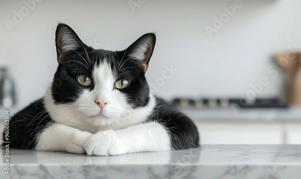 Fototapeta Black and white tuxedo cat in a loaf position on a marble countertop, modern and sleek kitchen background, [cat loaf], [modern, chic]
