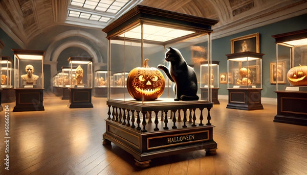 Fototapeta The image would show a cozy museum room with dim, ambient lighting, where a carefully carved Halloween pumpkin is prominently displayed in a glass case. A black cat tries to touch it.