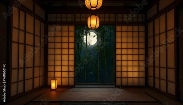 Fototapeta Japanese Shoji Screen Bamboo and Paper Lanterns Illuminating Night Moonlight Interior Design