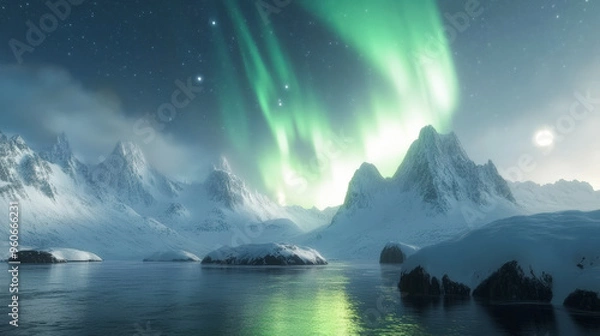 Fototapeta Northern Lights illuminate snowy mountains and a tranquil frozen lake, creating a breathtaking, magical winter landscape beneath a starry night sky.