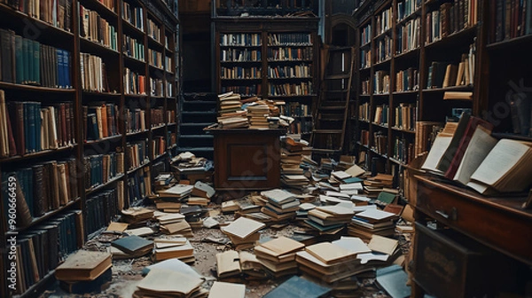 Fototapeta A narrow aisle in a forgotten library, with piles of books scattered on the floor and shelves, bathed in the dim light, evoking a sense of lost time and quiet solitude.