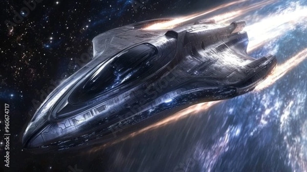 Fototapeta The concept of a futuristic white spaceship designed to fly in the universe or cosmos galaxy above Earth. This is the concept of future technology shuttles, cosmic travel and transportation vehicles