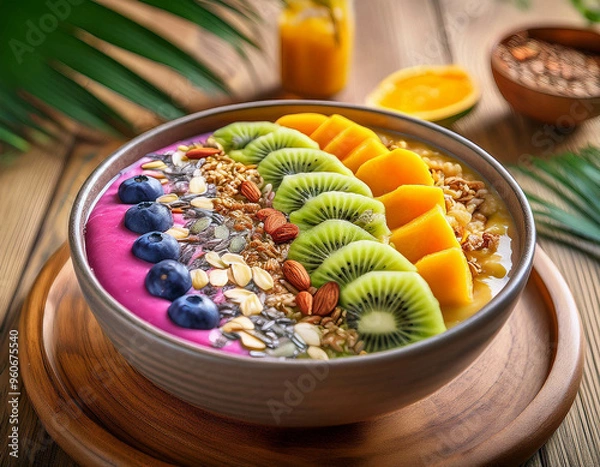 Fototapeta A vibrant, colorful smoothie bowl topped with fresh fruits, seeds, and granola, set against