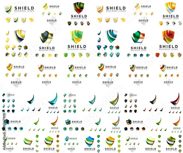 Fototapeta Mega set of protection shield logo concepts. Color flowing wave design icons on white