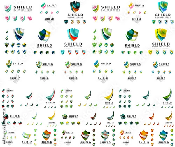 Fototapeta Mega set of protection shield logo concepts. Color flowing wave design icons on white