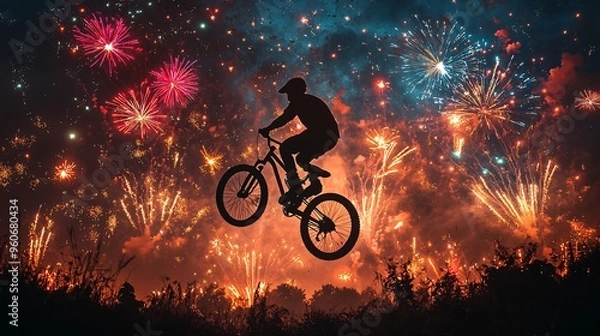 Fototapeta A silhouette of a man doing a wheelie on a bicycle, framed by colorful New Year's fireworks lighting up the night sky