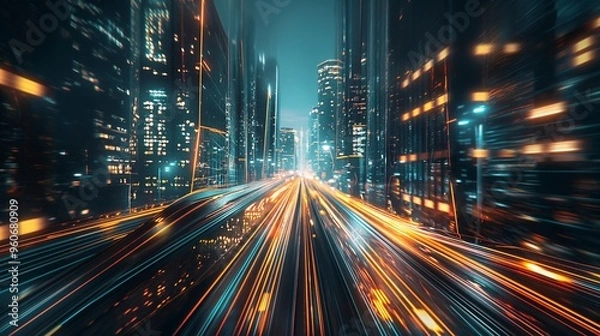 Fototapeta background with A nighttime view of a futuristic city with glowing skyscrapers and moving traffic