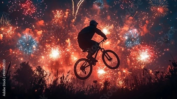 Fototapeta A silhouette of a man doing a wheelie on a bicycle, framed by colorful New Year's fireworks lighting up the night sky