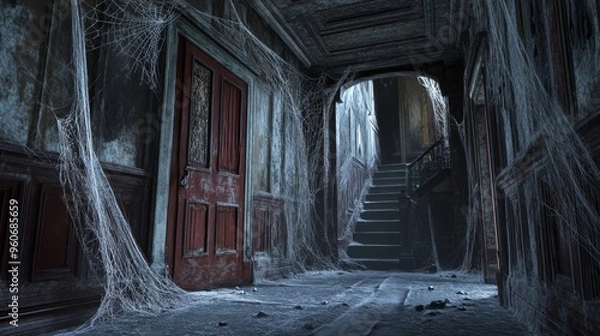 Obraz A Creepy, Abandoned Hallway with Cobwebs