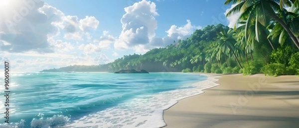 Obraz A side view of a stunning tropical beach featuring palm trees and vibrant turquoise sea water. 